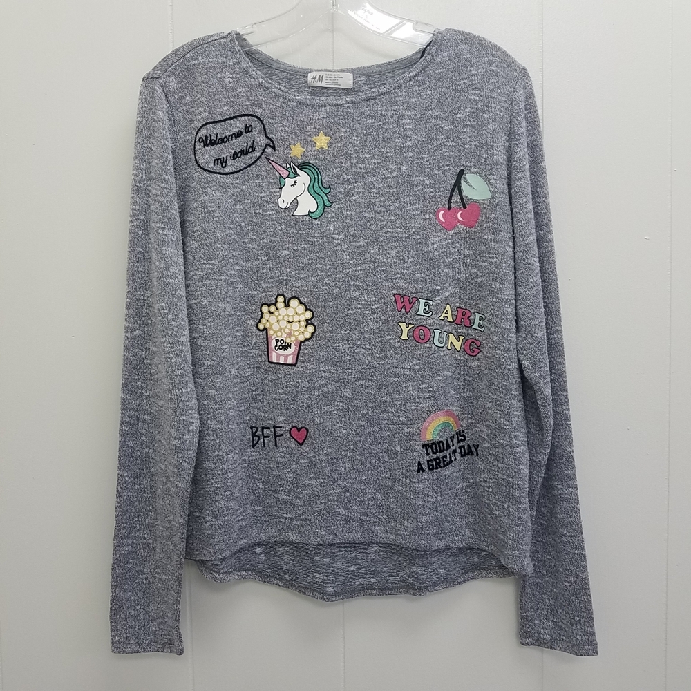 H & M Fine-knit Unicorn Popcorn Rainbow Printed Sweater